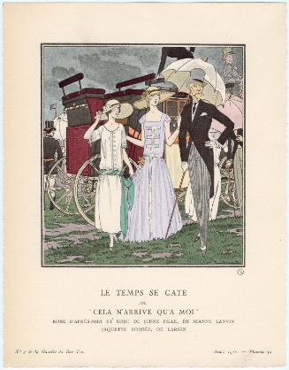 "Le Temps Se Gate ou 'Cela n'Arrive qu'a Moi' - Robe d'après-midi et robe de jeune fille, de Jeanne Lanvin; Jaquette bordée, de Larsen," plate 30 from Gazette du Bon Ton, Volume 1, No. 4