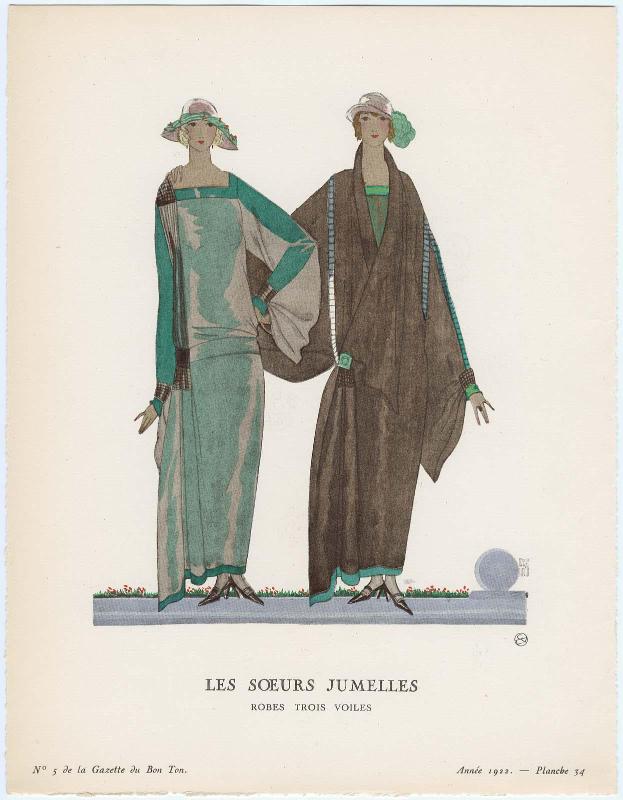"Les Sœurs Jumelles - Robes trois voiles," plate 34 from Gazette du Bon Ton, Volume 1, No. 5