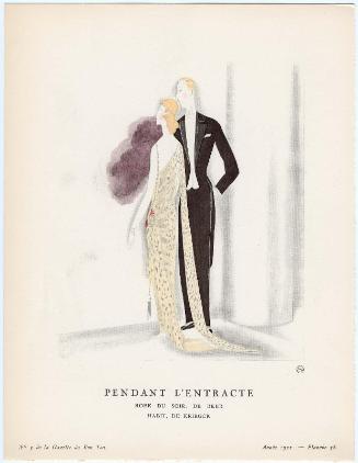 "Pendant L'Entracte - Robe du soir, de Beer; Habit, de Kriegck," plate 36 from Gazette du Bon Ton, Volume 1, No. 5
