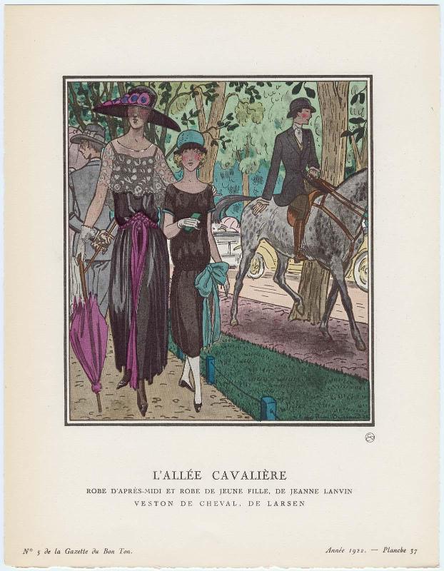 "L'Allée Cavalière - Robe d'après-midi et robe de jeune fille, de Jeanne Lanvin; Veston de cheval, de Larsen," plate 37 from Gazette du Bon Ton, Volume 1, No. 5