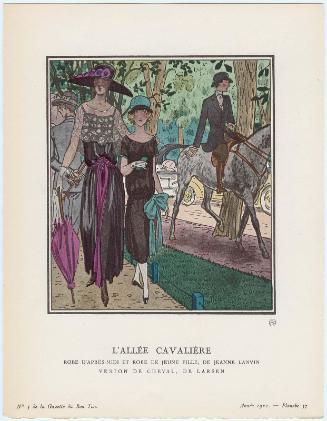 "L'Allée Cavalière - Robe d'après-midi et robe de jeune fille, de Jeanne Lanvin; Veston de cheval, de Larsen," plate 37 from Gazette du Bon Ton, Volume 1, No. 5