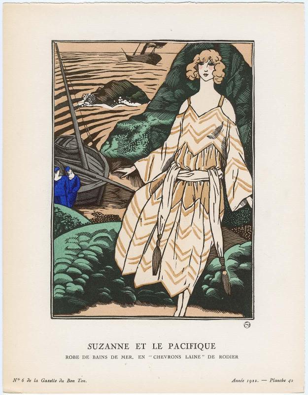 "Suzanne et le Pacifique - Robe de bains de mer, en 'chevrons laine,' de Rodier," plate 42 from Gazette du Bon Ton, Volume 2, No. 6