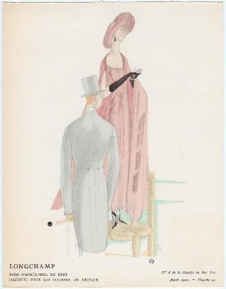 "Longchamps - Robe d'après-midi, de Beer; Jaquette pour les courses, de Kriegck," plate 44 from Gazette du Bon Ton, Volume 2, No. 6