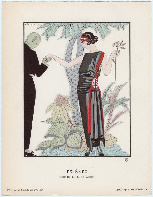 "Espérez - Robe du soir, de Worth," plate 48 from Gazette du Bon Ton, Volume 2, No. 6