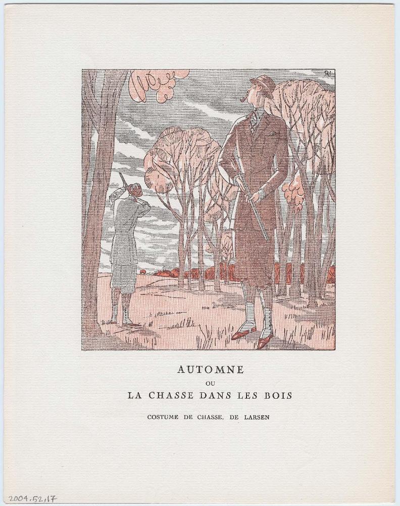 "Automne, ou, La Chasse dans les Bois - Costume de chasse, de Larsen," illustration from Gazette du Bon Ton, Volume 2, No. 7, p. 224