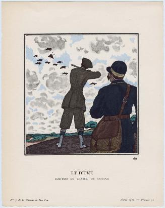 "Et d'Une - Costume de chasse, de Kriegck," plate 50 from Gazette du Bon Ton, Volume 2, No. 7