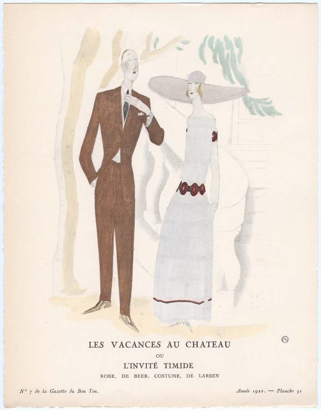 "Les Vacances au Chateau, ou, L'Invité Timide - Robe, de Beer; Costume, de Larsen," plate 51 from Gazette du Bon Ton, Volume 2, No. 7