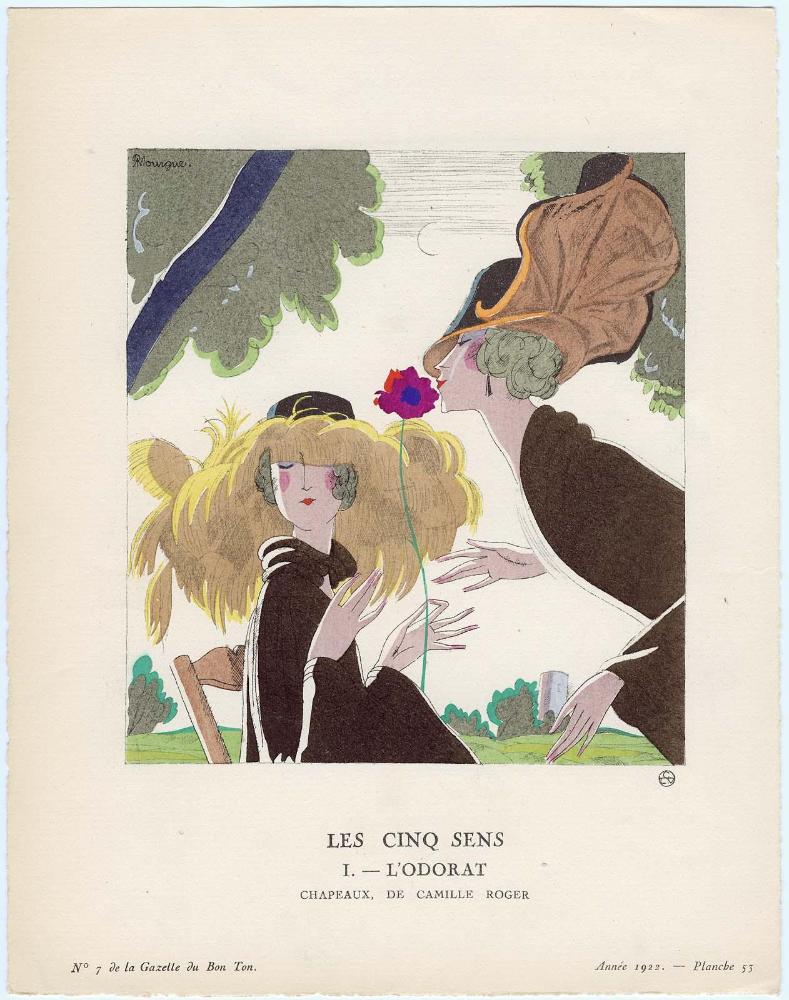 "Les Cinq Sens. I.–L'Odorat - Chapeaux, de Camille Roger," plate 53 from Gazette du Bon Ton, Volume 2, No. 7