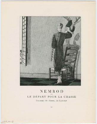 "Nemrod, ou, Le Départ pour la Chasse - Costume de chasse, de Larsen," illustration from Gazette du Bon Ton, Volume 2, No. 8, p. 252