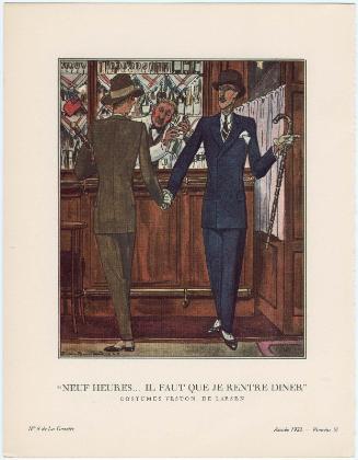 "'Neuf heures... Il faut que je rentre diner' - Costumes veston, de Larsen," plate 57 from Gazette du Bon Ton, Volume 2, No. 8