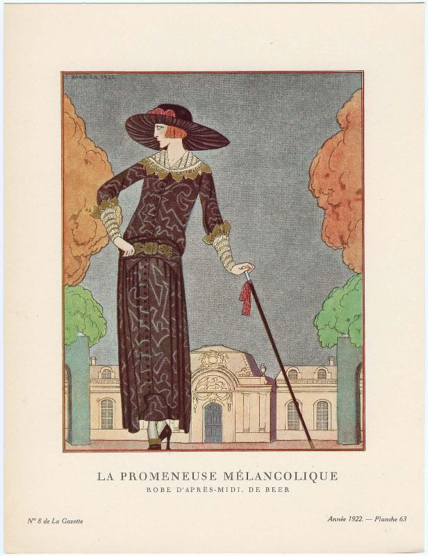"La Promeneuse Mélancolique - Robe d'après-midi, de Beer," plate 63 from Gazette du Bon Ton, Volume 2, No. 8