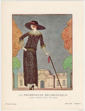 "La Promeneuse Mélancolique - Robe d'après-midi, de Beer," plate 63 from Gazette du Bon Ton, Volume 2, No. 8