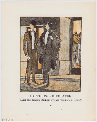 "La Soirée au Théatre - Habit de couleur, smoking et cape 'priola,' de Larsen," illustration from Gazette du Bon Ton, Volume 2, No. 9, p. 280