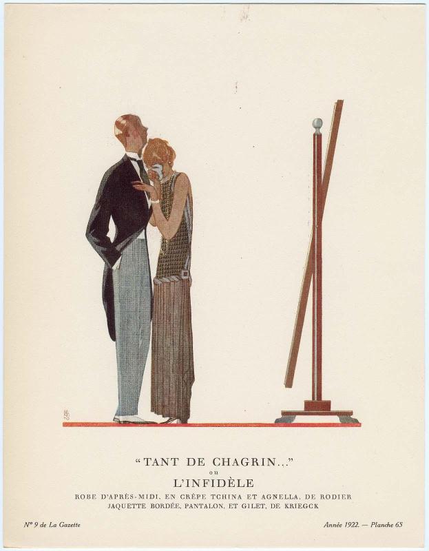 "'Tant de Chagrin...,' ou, L'Infidèle - Robe d'après-midi, en crêpe tchina et agnella, de Rodier; Jaquette bordée, pantalon, et gilet, de Kriegck," plate 65 from Gazette du Bon Ton, Volume 2, No. 9