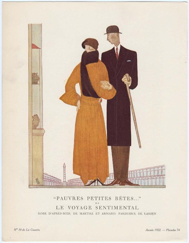 "'Pauvres Petites Bêtes...', ou, Le Voyage Sentimental - Robe d'après-midi, de Martial et Armand; Pardessus, de Larsen," plate 74 from Gazette du Bon Ton, Volume 2, No. 10