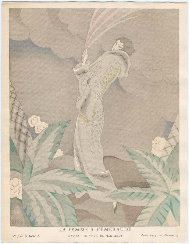 "La Femme a l'Émeraude - Manteau en tigre, de Max-Leroy," plate 23 from Gazette du Bon Ton, No. 5