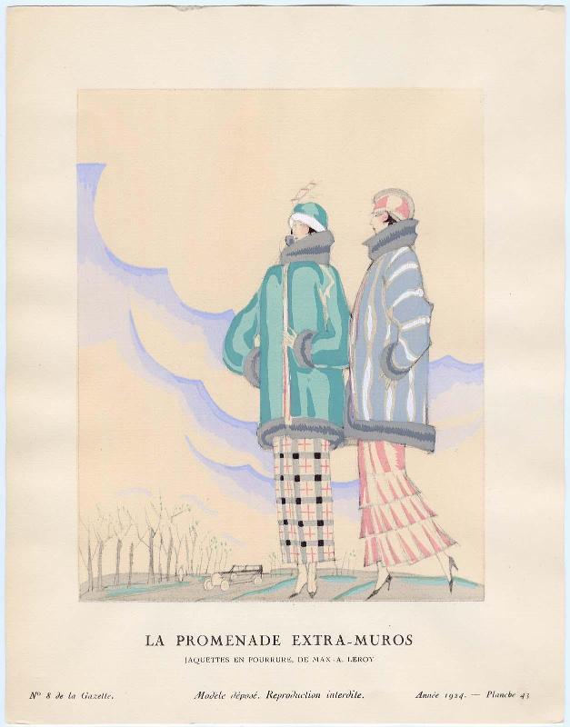 "La Promenade Extra-Muros - Jaquettes en fourrure, de Max-A. Leroy," plate 43 from Gazette du Bon Ton, No. 8