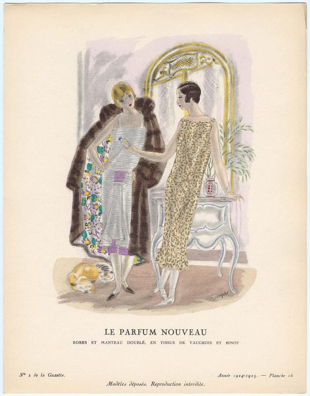"Le Parfum Nouveau - Robes et manteau doublé, en tissus de Vaugeois et Binot," plate 16 from Gazette du Bon Ton, No. 2