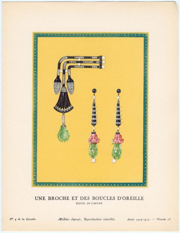 "Une Broche et des Boucles d'Oreille - Bijou, de Cartier," plate 28 from Gazette du Bon Ton, No. 4