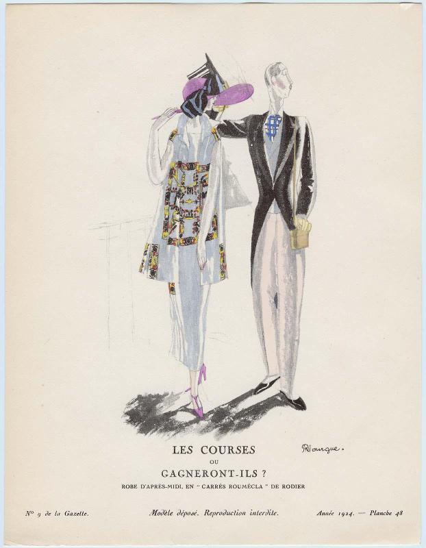 "Les Courses, ou, Gagneront-Ils? - Robe d'après-midi, en 'carrés roumécla' de Rodier," plate 48 from Gazette du Bon Ton, No. 9
