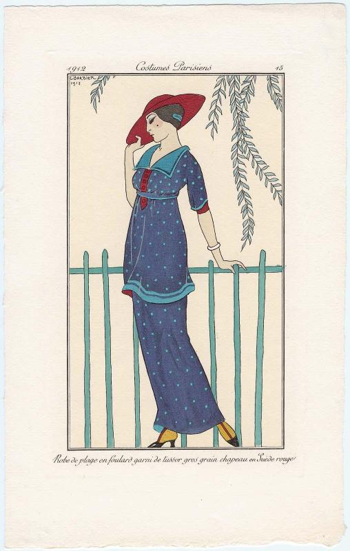 "Robe de plage en foulard garni de tussor gros grain chapeau en Suede rouge," plate 15 from Journal des Dames et des Modes