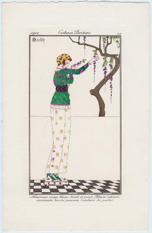 "Fourreau crêpe blanc brodé et peint.  Blouse velours emeraude broché ponceau Ceinture de perles," plate 20 from Journal des Dames et des Modes