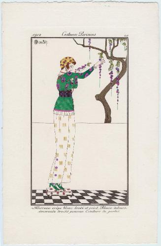 "Fourreau crêpe blanc brodé et peint.  Blouse velours emeraude broché ponceau Ceinture de perles," plate 20 from Journal des Dames et des Modes