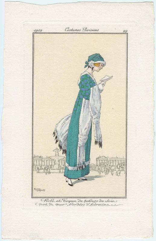 "Robe et Toque de velours de Soie vert de mer bordées d'hermine," plate 29 from Journal des Dames et des Modes