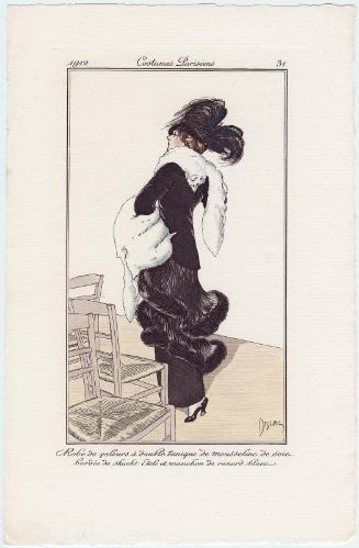 "Robe de velours à double tunique de mousseline de soie bordée de skunks:  Etole et manchon de renard blanc," plate 31 from Journal des Dames et des Modes:  Plate 31,
