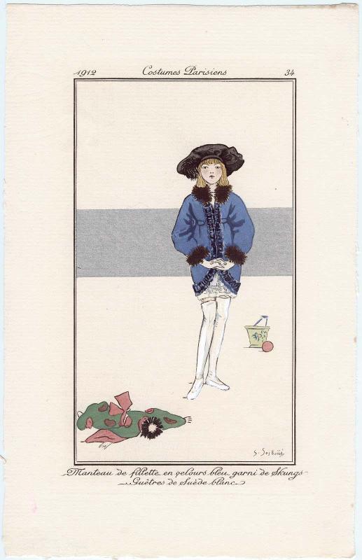"Manteau de fillette en velours bleu garni de Skungs. Guêtres de Suéde blanc," plate 34 from Journal des Dames et des Modes