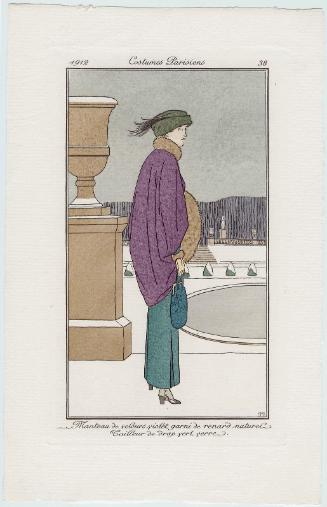 "Manteau de velours violet garni de renard naturel. Tailleur de drap vert verre," plate 38 from Journal des Dames et des Modes
