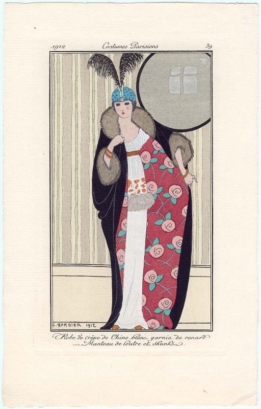 "Robe de crêpe de Chine blanc garnie de renard. Manteau de loutre et skunks," plate 39 from Journal des Dames et des Modes