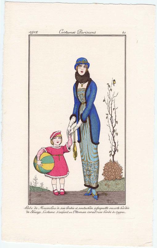 "Robe de Mousseline de soie brodée et soutachée à Jaquette ouverte bordée de Skungs. Costume d'enfant en Ottoman corail rose bordé de cygne," plate 41 from Journal des Dames et des Modes