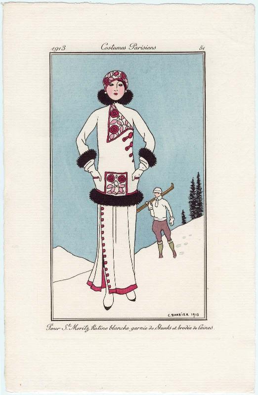 "Pour St. Moritz. Ratine blanche garnie de Skunks et brodée de laines," plate 51 from Journal des Dames et des Modes