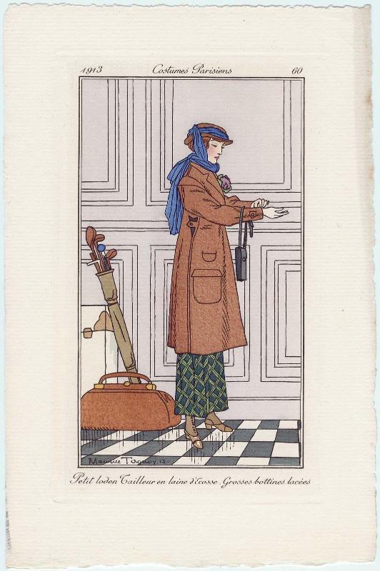 "Petit loden Tailleur en laine d'Ecosse. Grosses bottines lacées," plate 60 from Journal des Dames et des Modes