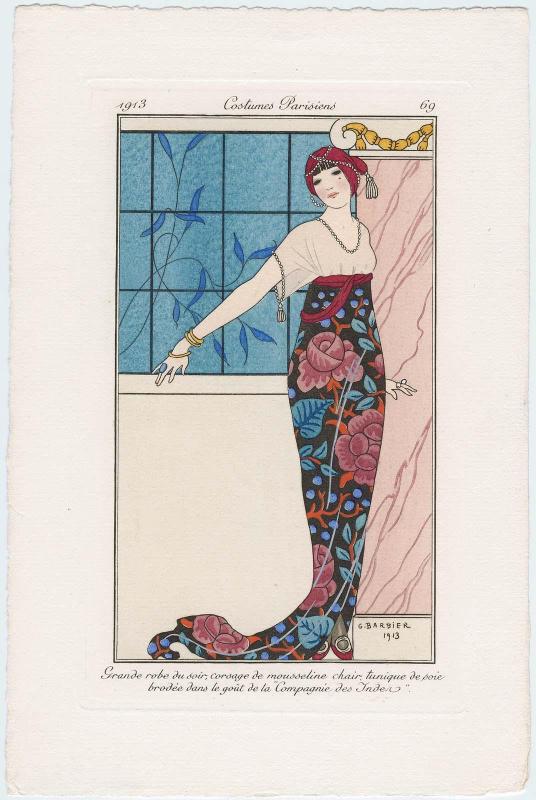 "Grande robe du soir, corsage de mousseline chair, tunique de soie brodée dans le goût de la 'Compagnie des Inden'," plate 69 from Journal des Dames et des Modes