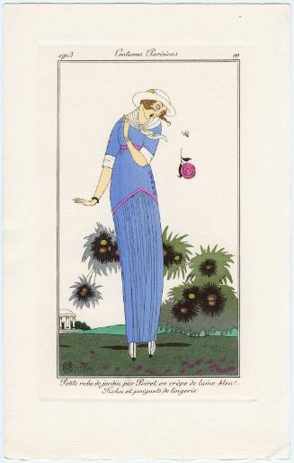 "Petite robe de jardin par Poiret, en crêpe de laine bleu.  Fichu et poignets de lingerie," plate 99 from Journal des Dames et des Modes
