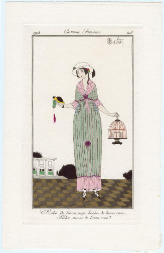 "Robe de linon rayé, bordée de linon rose.  Fichu aussi de linon rose," plate 108 from Journal des Dames et des Modes