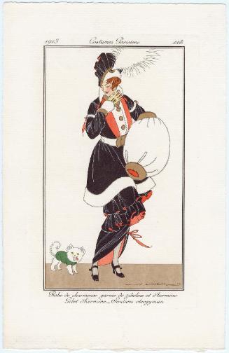 "Robe de charmeuse garnie de zibeline et d'hermine. Gilet d'hermine, Souliers clergyman," plate 128 from Journal des Dames et des Modes