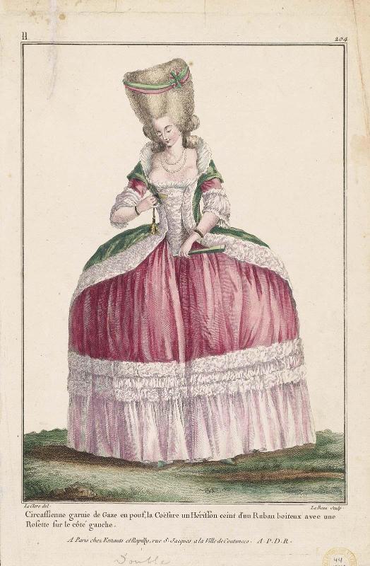 Gallerie des Modes et Costumes Français, 35e. Cahier de Costumes Français, 27e Suite d'Habillemens à la mode en 1781.  II.204(bis)  "Circassienne garnie de Gaze en pouf..."
