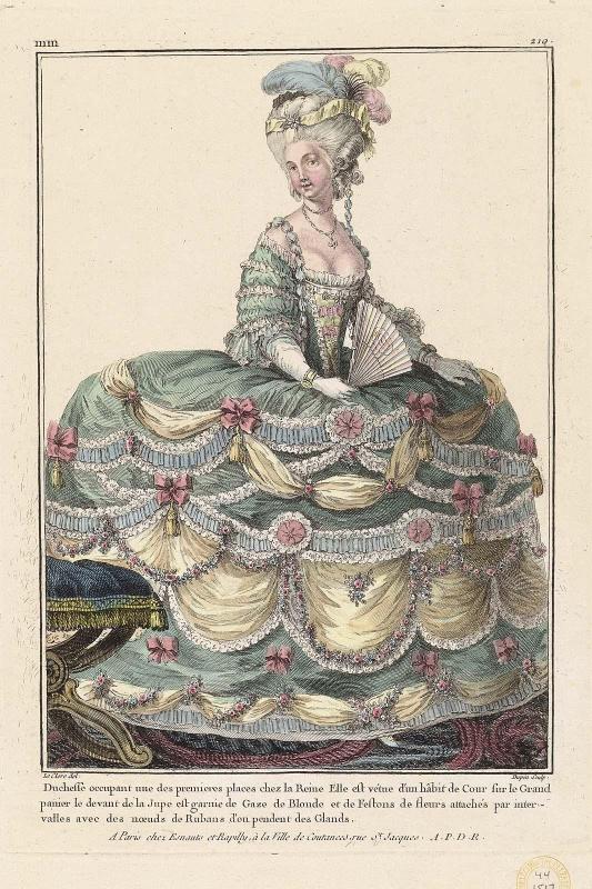 Gallerie des Modes et Costumes Français. 36e Cahier des Costumes Français, 28e Suite d'Habillemens à la mode en 1781. 1er Cahier pour le 3e Volume.  mm.210  "Duchesse occupant une des premieres place chez la Reine..."