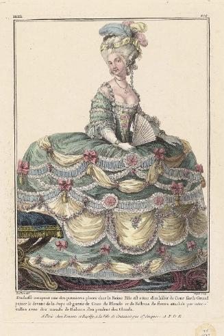 Gallerie des Modes et Costumes Français. 36e Cahier des Costumes Français, 28e Suite d'Habillemens à la mode en 1781. 1er Cahier pour le 3e Volume.  mm.210  "Duchesse occupant une des premieres place chez la Reine..."
