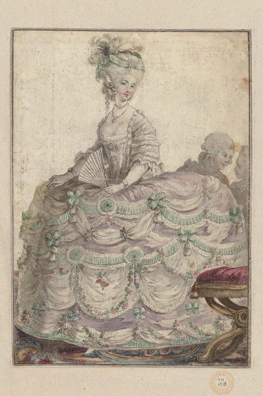 Preparatory drawing for Gallerie des Modes et Costumes Français. 36e Cahier des Costumes Français, 28e Suite d'Habillemens à la mode en 1781. 1er Cahier pour le 3e Volume.  mm.210 [Caption for 44.1517: Duchesse occupant une des premieres place"]