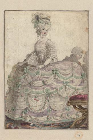 Preparatory drawing for Gallerie des Modes et Costumes Français. 36e Cahier des Costumes Français, 28e Suite d'Habillemens à la mode en 1781. 1er Cahier pour le 3e Volume.  mm.210 [Caption for 44.1517: Duchesse occupant une des premieres place"]