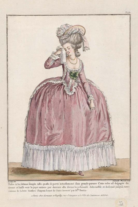 Gallerie des Modes et Costumes Français. 34e Cahier (bis) des Costumes Français, 31e Suite d'Habillemens à la mode en 1782.  rr.240  "Robe à la Sultane..."