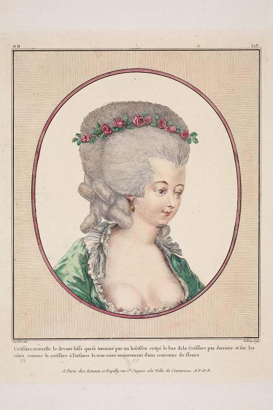 Gallerie des Modes et Costumes Français. 38e Cahier des Costumes Français, 9e Suite des Coeffures à la mode en 1781.  oo.218  "Coëffure nouvelle...""