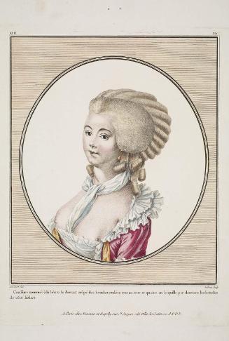 Gallerie des Modes et Costumes Français. 38e Cahier des Costumes Français, 9e Suite des Coeffures à la mode en 1781.  oo.221  "Coeffure nommée à la Lévite..."