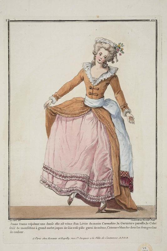 Gallerie des Modes et Costumes Français. 34e Cahier (bis) des Costumes Français, 31e Suite d'Habillemens à la mode en 1782.  rr.239 "Jeune Dame répétant..."