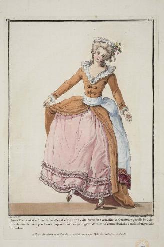 Gallerie des Modes et Costumes Français. 34e Cahier (bis) des Costumes Français, 31e Suite d'Habillemens à la mode en 1782.  rr.239 "Jeune Dame répétant..."