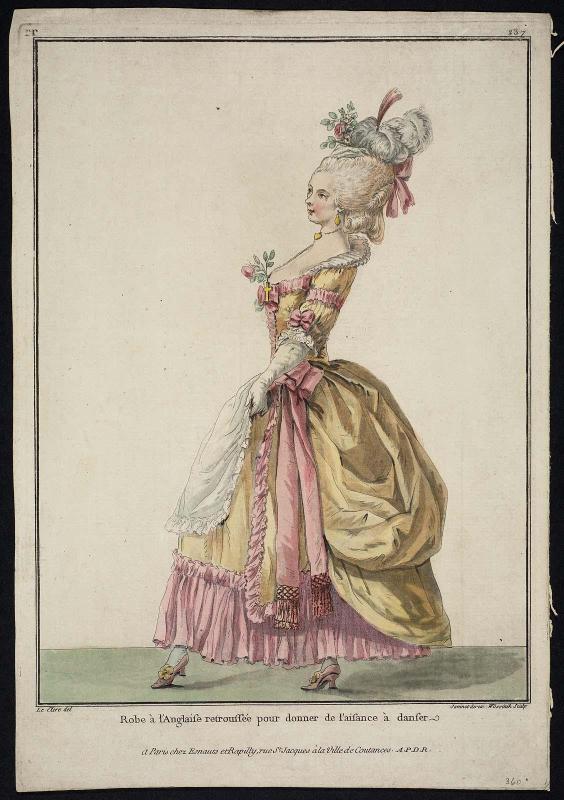 Gallerie des Modes et Costumes Français. 34e Cahier (bis) des Costumes Français, 31e Suite d'Habillemens à la mode en 1782.  rr.237 "Robe à l'Anglaise retroussée..."